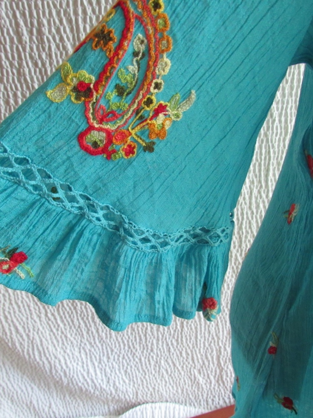 Peasant Blouse Boho Top Size M Figueroa & Flower 3/4 Shirt Embroidered Cottage